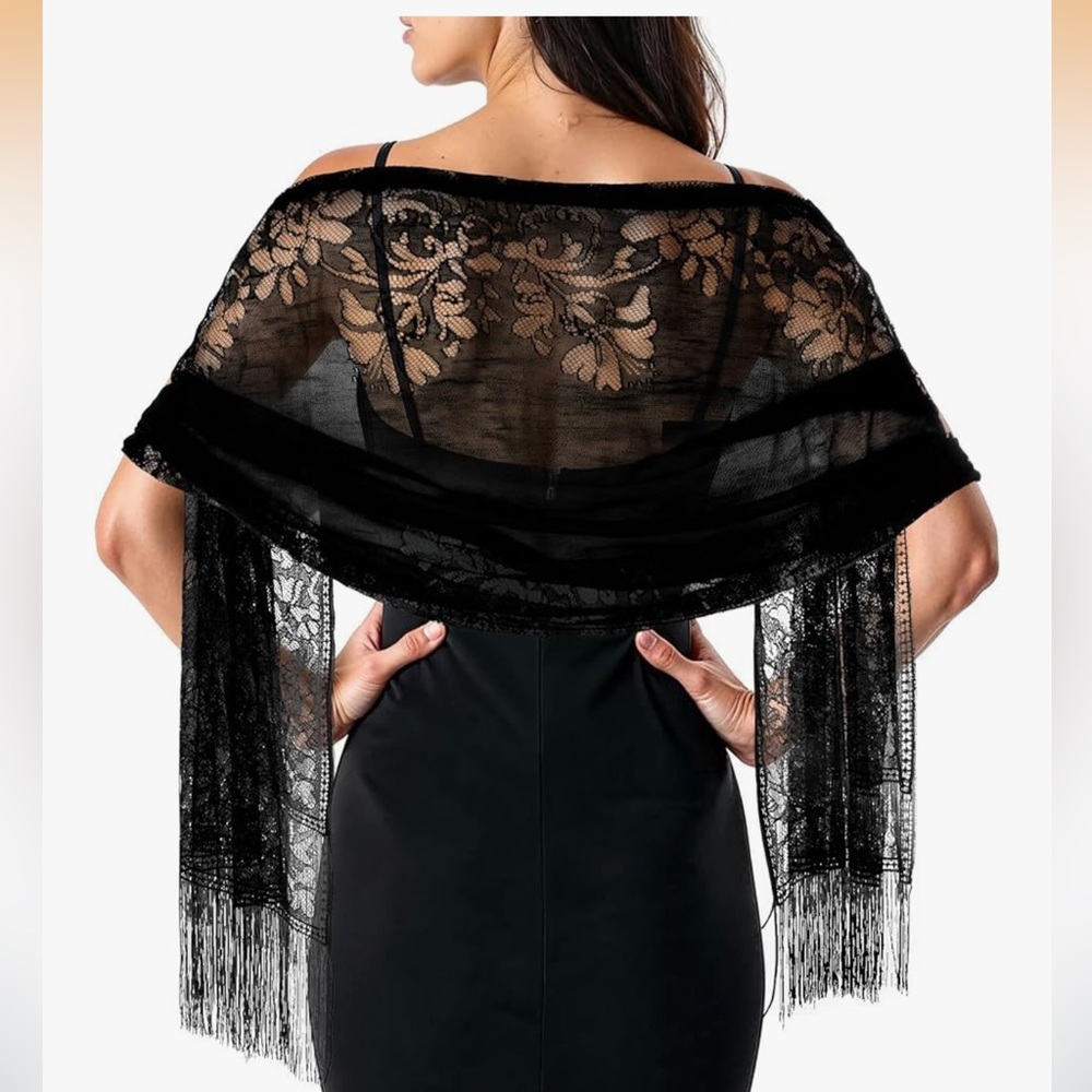 🆕 Black Lace Shawl Women's Floral Lace Scarf Shawl with Tassels